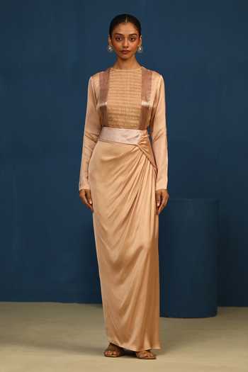 Vedangi Agarwal_Peach Organza, Satin, Brocade Round Neck Whispered Moon Smoking Effect Top _Online_at_Aza_Fashions