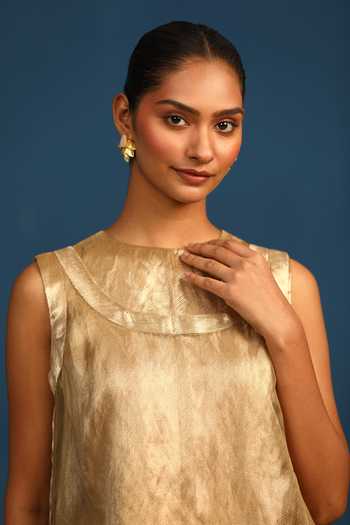 Shop_Vedangi Agarwal_Gold Tissue, Brocade Round Neck Starlit Reveria Top With Overlay _Online_at_Aza_Fashions