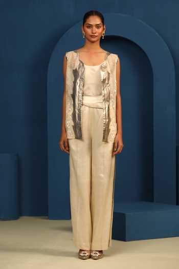 Vedangi Agarwal_Ivory Organza, Georgette, Satin Moonlight Reverence Embroidered Jacket With Slip _Online_at_Aza_Fashions