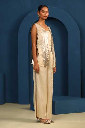 Buy_Vedangi Agarwal_Ivory Organza, Georgette, Satin Moonlight Reverence Embroidered Jacket With Slip _Online_at_Aza_Fashions