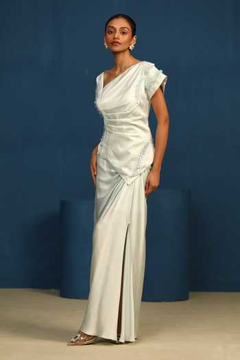 Buy_Vedangi Agarwal_Blue One Shoulder Night Love Draped Style Body Fitted Top _Online_at_Aza_Fashions