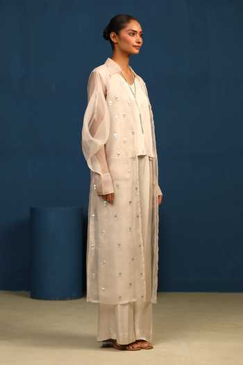 Vedangi Agarwal_Beige Organza, Satin, Bemberg Collared Silken Shadows Pant And Handwork Jacket Set _Online_at_Aza_Fashions