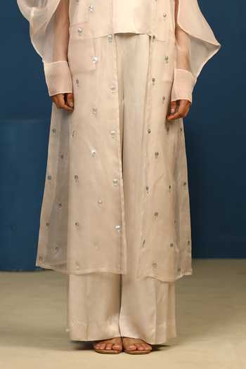 Buy_Vedangi Agarwal_Beige Organza, Satin, Bemberg Collared Silken Shadows Pant And Handwork Jacket Set _Online_at_Aza_Fashions