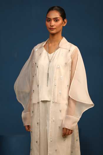 Shop_Vedangi Agarwal_Beige Organza, Satin, Bemberg Collared Silken Shadows Pant And Handwork Jacket Set _Online_at_Aza_Fashions