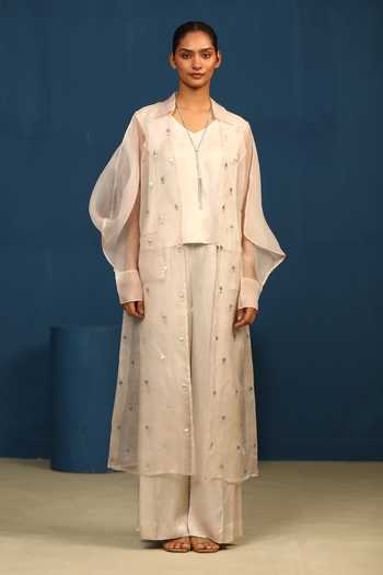 Vedangi Agarwal_Beige Organza, Satin, Bemberg Collared Silken Shadows Pant And Handwork Jacket Set _at_Aza_Fashions