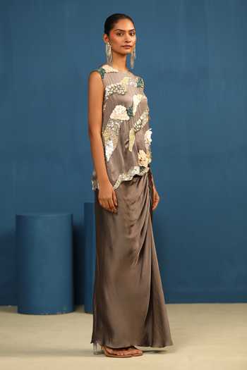 Vedangi Agarwal_Grey Round Neck Velvet Eclipse Handwork Top _Online_at_Aza_Fashions