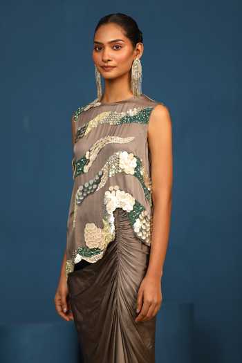 Shop_Vedangi Agarwal_Grey Round Neck Velvet Eclipse Handwork Top _Online_at_Aza_Fashions