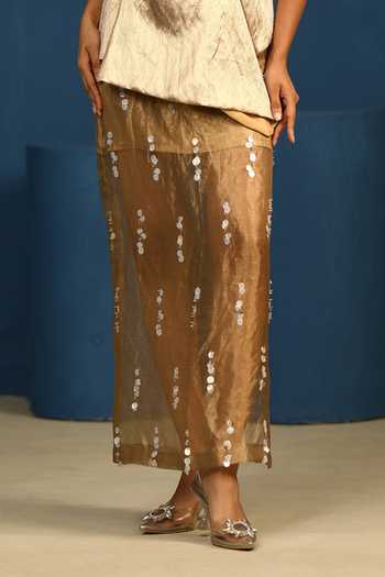 Vedangi Agarwal_Gold Tissue After Glow Handwork Straight Side Slit Skirt _Online_at_Aza_Fashions