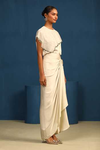 Buy_Vedangi Agarwal_Beige Organza High Neck Midnight Muse Embroidered Cape Top _Online_at_Aza_Fashions