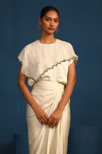 Shop_Vedangi Agarwal_Beige Organza High Neck Midnight Muse Embroidered Cape Top _Online_at_Aza_Fashions