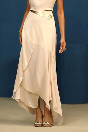 Vedangi Agarwal_Cream Georgette, Satin Night Fall Layered Bias Skirt _Online_at_Aza_Fashions
