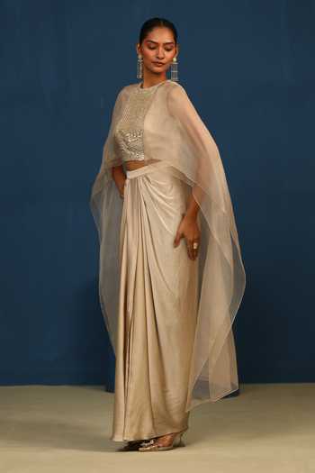 Shop_Vedangi Agarwal_Beige Moonlit Draped Skirt _Online_at_Aza_Fashions