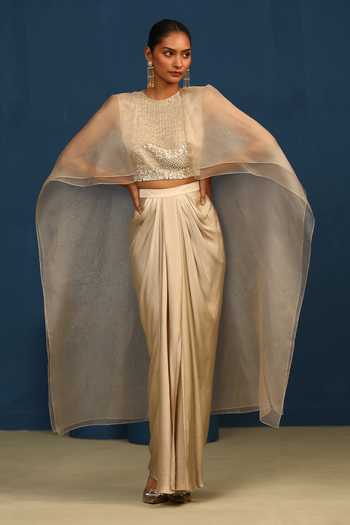 Buy_Vedangi Agarwal_Beige Organza, Tissue Round Neck Moonlit Handwork Cape Top _Online_at_Aza_Fashions