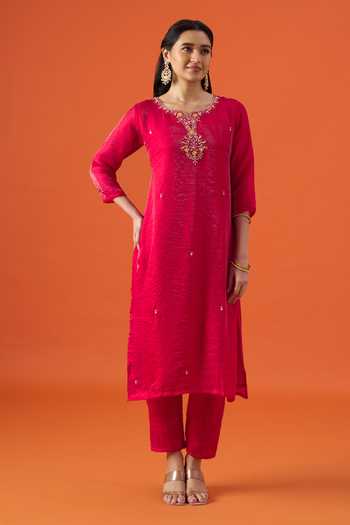 Buy Khwaab By Sanjana Lakhani Fuchsia Silk, Satin Hand Embroidered Straight Kurta Set Online at Aza Fashions Buy_Khwaab By Sanjana Lakhani_Fuchsia Silk, Satin Hand Embroidered Straight Kurta Set _Online_at_Aza_Fashions