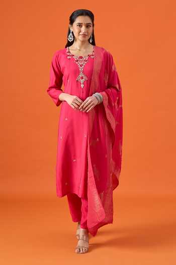 Buy_Khwaab By Sanjana Lakhani_Magenta Chanderi Round Neck Embroidered Kurta Set _Online_at_Aza_Fashions