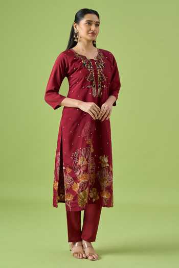 Buy Khwaab By Sanjana Lakhani Maroon Chanderi Square Neck Floral Print Kurta Set Online at Aza Fashions Buy_Khwaab By Sanjana Lakhani_Maroon Chanderi Square Neck Floral Print Kurta Set _Online_at_Aza_Fashions