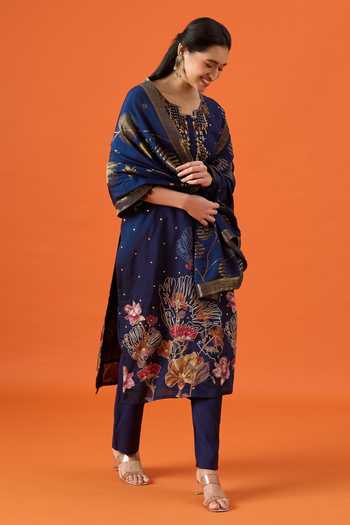 Buy Khwaab By Sanjana Lakhani Blue Chanderi Square Neck Floral Print Kurta Set Online at Aza Fashions Buy_Khwaab By Sanjana Lakhani_Blue Chanderi Square Neck Floral Print Kurta Set _Online_at_Aza_Fashions