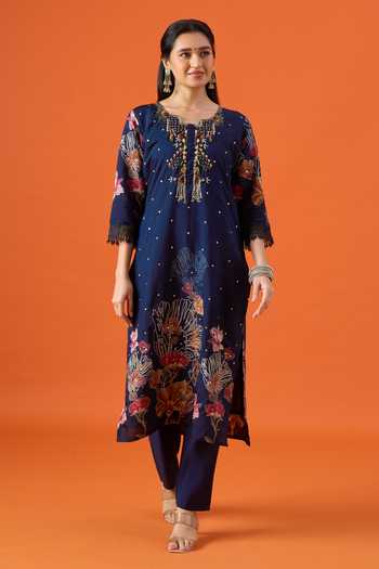 Shop Khwaab By Sanjana Lakhani Blue Chanderi Square Neck Floral Print Kurta Set Online at Aza Fashions Shop_Khwaab By Sanjana Lakhani_Blue Chanderi Square Neck Floral Print Kurta Set _Online_at_Aza_Fashions