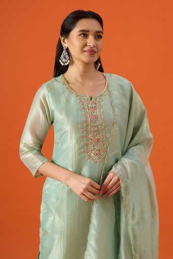 Buy Khwaab By Sanjana Lakhani Green Silk, Satin Round Neck, Yes Neckline Embroidered Kurta Set Online at Aza Fashions Buy_Khwaab By Sanjana Lakhani_Green Silk, Satin Round Neck, Yes Neckline Embroidered Kurta Set _Online_at_Aza_Fashions