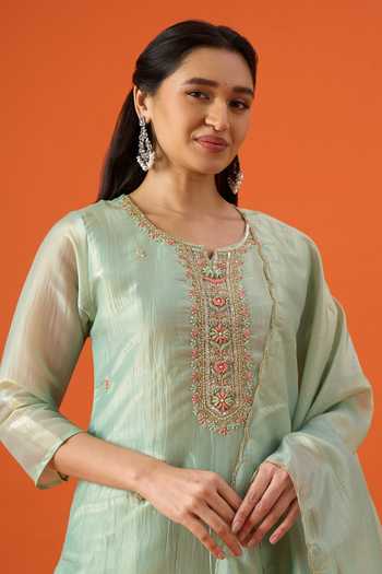Shop Khwaab By Sanjana Lakhani Green Silk, Satin Round Neck, Yes Neckline Embroidered Kurta Set Online at Aza Fashions Shop_Khwaab By Sanjana Lakhani_Green Silk, Satin Round Neck, Yes Neckline Embroidered Kurta Set _Online_at_Aza_Fashions