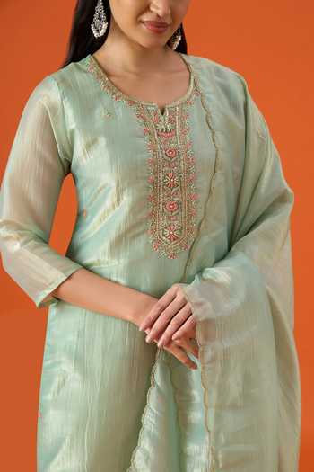 Buy Khwaab By Sanjana Lakhani Green Silk, Satin Round Neck, Yes Neckline Embroidered Kurta Set Buy_Khwaab By Sanjana Lakhani_Green Silk, Satin Round Neck, Yes Neckline Embroidered Kurta Set