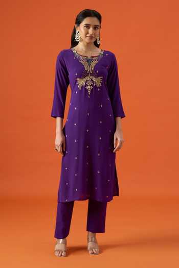 Buy Khwaab By Sanjana Lakhani Purple Silk, Satin Round Neck, Yes Embroidered Kurta Set Online at Aza Fashions Buy_Khwaab By Sanjana Lakhani_Purple Silk, Satin Round Neck, Yes Embroidered Kurta Set _Online_at_Aza_Fashions