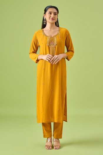 Buy Khwaab By Sanjana Lakhani Yellow Satin Scoop Neck, Yes Voltex Neckline Embroidered Kurta Set Online at Aza Fashions Buy_Khwaab By Sanjana Lakhani_Yellow Satin Scoop Neck, Yes Voltex Neckline Embroidered Kurta Set _Online_at_Aza_Fashions