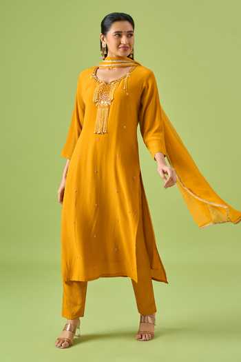 Buy Khwaab By Sanjana Lakhani Yellow Satin Scoop Neck, Yes Voltex Neckline Embroidered Kurta Set Buy_Khwaab By Sanjana Lakhani_Yellow Satin Scoop Neck, Yes Voltex Neckline Embroidered Kurta Set
