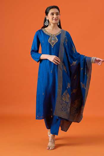 Buy_Khwaab By Sanjana Lakhani_Blue Satin Round Neck, Yes Embroidered Kurta Set _Online_at_Aza_Fashions