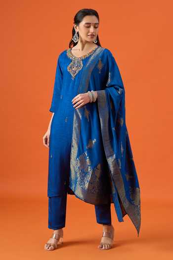 Shop_Khwaab By Sanjana Lakhani_Blue Satin Round Neck, Yes Embroidered Kurta Set _Online_at_Aza_Fashions