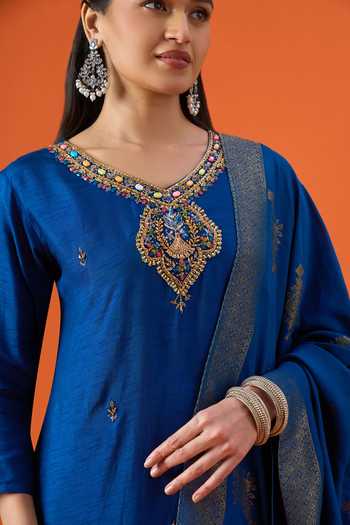 Shop_Khwaab By Sanjana Lakhani_Blue Satin Round Neck, Yes Embroidered Kurta Set 