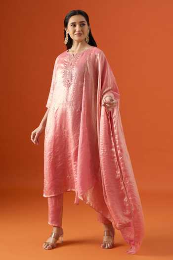 Buy Khwaab By Sanjana Lakhani Pink Satin Round Neck Neckline Embroidered Kurta Set Online at Aza Fashions Buy_Khwaab By Sanjana Lakhani_Pink Satin Round Neck Neckline Embroidered Kurta Set _Online_at_Aza_Fashions