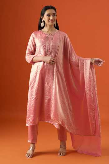 Shop Khwaab By Sanjana Lakhani Pink Satin Round Neck Neckline Embroidered Kurta Set Online at Aza Fashions Shop_Khwaab By Sanjana Lakhani_Pink Satin Round Neck Neckline Embroidered Kurta Set _Online_at_Aza_Fashions