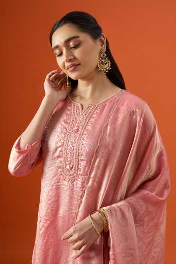 Khwaab By Sanjana Lakhani Pink Satin Round Neck Neckline Embroidered Kurta Set at Aza Fashions Khwaab By Sanjana Lakhani_Pink Satin Round Neck Neckline Embroidered Kurta Set _at_Aza_Fashions