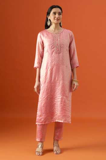 Shop Khwaab By Sanjana Lakhani Pink Satin Round Neck Neckline Embroidered Kurta Set Shop_Khwaab By Sanjana Lakhani_Pink Satin Round Neck Neckline Embroidered Kurta Set