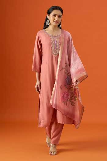 Buy Khwaab By Sanjana Lakhani Peach Silk, Satin Split V-neck Hand Embroidered Kurta Pant Set Online at Aza Fashions Buy_Khwaab By Sanjana Lakhani_Peach Silk, Satin Split V-neck Hand Embroidered Kurta Pant Set _Online_at_Aza_Fashions