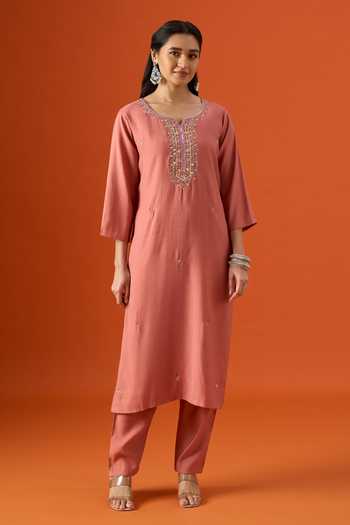Shop Khwaab By Sanjana Lakhani Peach Silk, Satin Split V-neck Hand Embroidered Kurta Pant Set Online at Aza Fashions Shop_Khwaab By Sanjana Lakhani_Peach Silk, Satin Split V-neck Hand Embroidered Kurta Pant Set _Online_at_Aza_Fashions