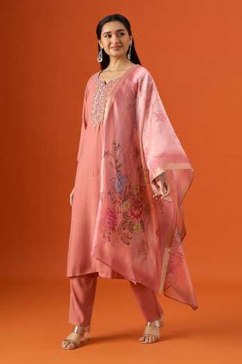 Shop Khwaab By Sanjana Lakhani Peach Silk, Satin Split V-neck Hand Embroidered Kurta Pant Set Shop_Khwaab By Sanjana Lakhani_Peach Silk, Satin Split V-neck Hand Embroidered Kurta Pant Set