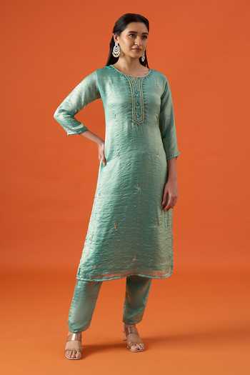 Buy Khwaab By Sanjana Lakhani Green Satin Round Neck, Yes Hand Embroidered Kurta Set Online at Aza Fashions Buy_Khwaab By Sanjana Lakhani_Green Satin Round Neck, Yes Hand Embroidered Kurta Set _Online_at_Aza_Fashions