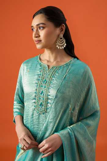 Shop Khwaab By Sanjana Lakhani Green Satin Round Neck, Yes Hand Embroidered Kurta Set Online at Aza Fashions Shop_Khwaab By Sanjana Lakhani_Green Satin Round Neck, Yes Hand Embroidered Kurta Set _Online_at_Aza_Fashions