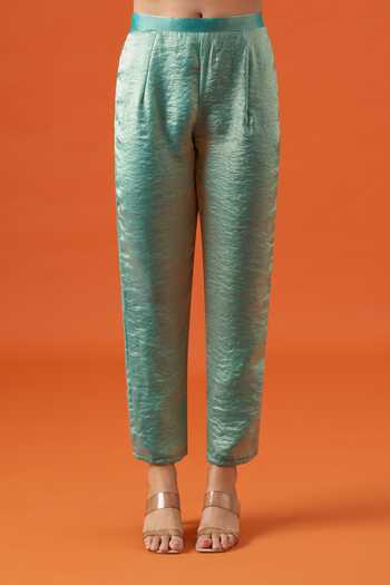Shop Khwaab By Sanjana Lakhani Green Satin Round Neck, Yes Hand Embroidered Kurta Set Shop_Khwaab By Sanjana Lakhani_Green Satin Round Neck, Yes Hand Embroidered Kurta Set