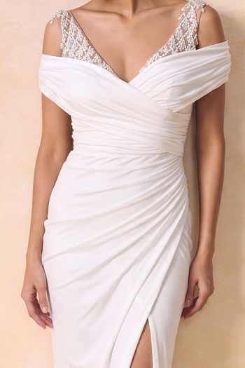 Zwaan_White Jersey Crystals, Pearls V-neck, Cygnus Placement Embellished Gown _Online_at_Aza_Fashions