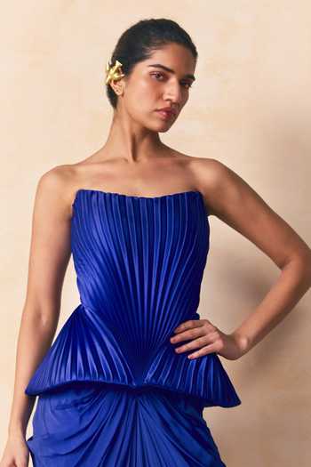 Zwaan Blue Satin Bandeau Neck Lara Pleated Peplum Corset Online at Aza Fashions Zwaan_Blue Satin Bandeau Neck Lara Pleated Peplum Corset _Online_at_Aza_Fashions