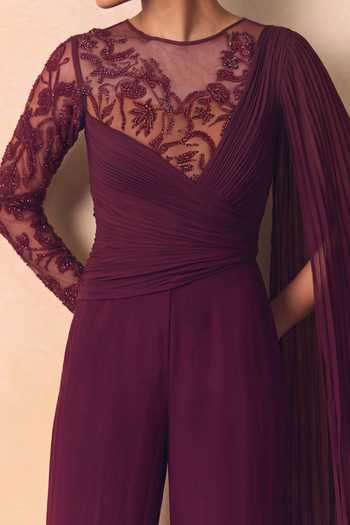Zwaan Wine Silk, Crepe Crew Neck Mara Draped Jumpsuit Online at Aza Fashions Zwaan_Wine Silk, Crepe Crew Neck Mara Draped Jumpsuit _Online_at_Aza_Fashions