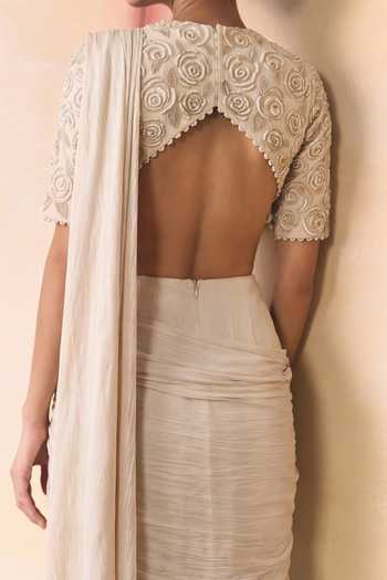 Zwaan Ivory Crepe, Chiffon Rosette Draped Saree Gown Online at Aza Fashions Zwaan_Ivory Crepe, Chiffon Rosette Draped Saree Gown _Online_at_Aza_Fashions