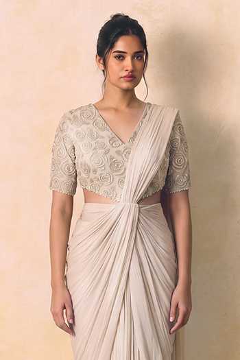 Buy Zwaan Ivory Crepe, Chiffon Rosette Draped Saree Gown Online at Aza Fashions Buy_Zwaan_Ivory Crepe, Chiffon Rosette Draped Saree Gown _Online_at_Aza_Fashions