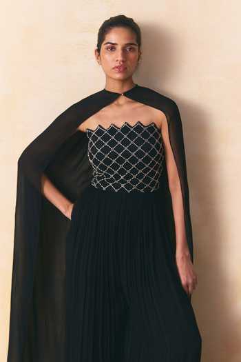 Buy Zwaan Black Georgette Bandeau , Choker Simone Jumpsuit With Detachable Cape Online at Aza Fashions Buy_Zwaan_Black Georgette Bandeau , Choker Simone Jumpsuit With Detachable Cape _Online_at_Aza_Fashions