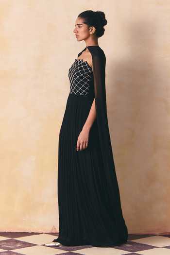 Shop Zwaan Black Georgette Bandeau , Choker Simone Jumpsuit With Detachable Cape Online at Aza Fashions Shop_Zwaan_Black Georgette Bandeau , Choker Simone Jumpsuit With Detachable Cape _Online_at_Aza_Fashions