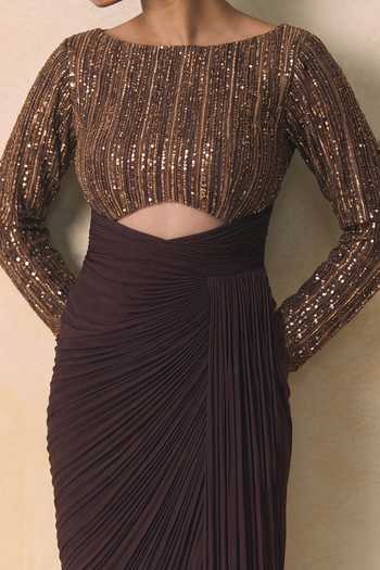 Zwaan Gold Silk Sequins Boat Neck Iris Embellished Draped Gown Online at Aza Fashions Zwaan_Gold Silk Sequins Boat Neck Iris Embellished Draped Gown _Online_at_Aza_Fashions