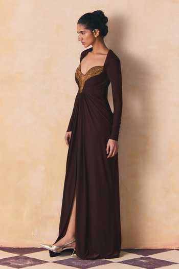 Zwaan Gold Jersey Embroidery Sweetheart Neck Marcella Pita Gown Online at Aza Fashions Zwaan_Gold Jersey Embroidery Sweetheart Neck Marcella Pita Gown _Online_at_Aza_Fashions